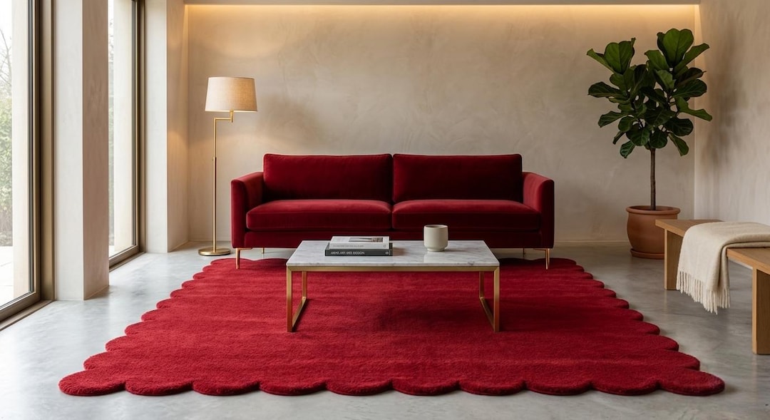 Red Tuft Rug Handmade Red Tufted Rug, Scalloped Edge Plush Carpet, Modern Living ...