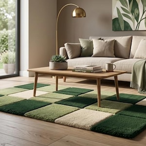 May include: A living room scene featuring a beige sofa, a wooden coffee table, and a green and beige square-patterned rug. A gold floor lamp and a painting with green leaf imagery add to the room's decor. A green throw blanket is draped over the sofa.