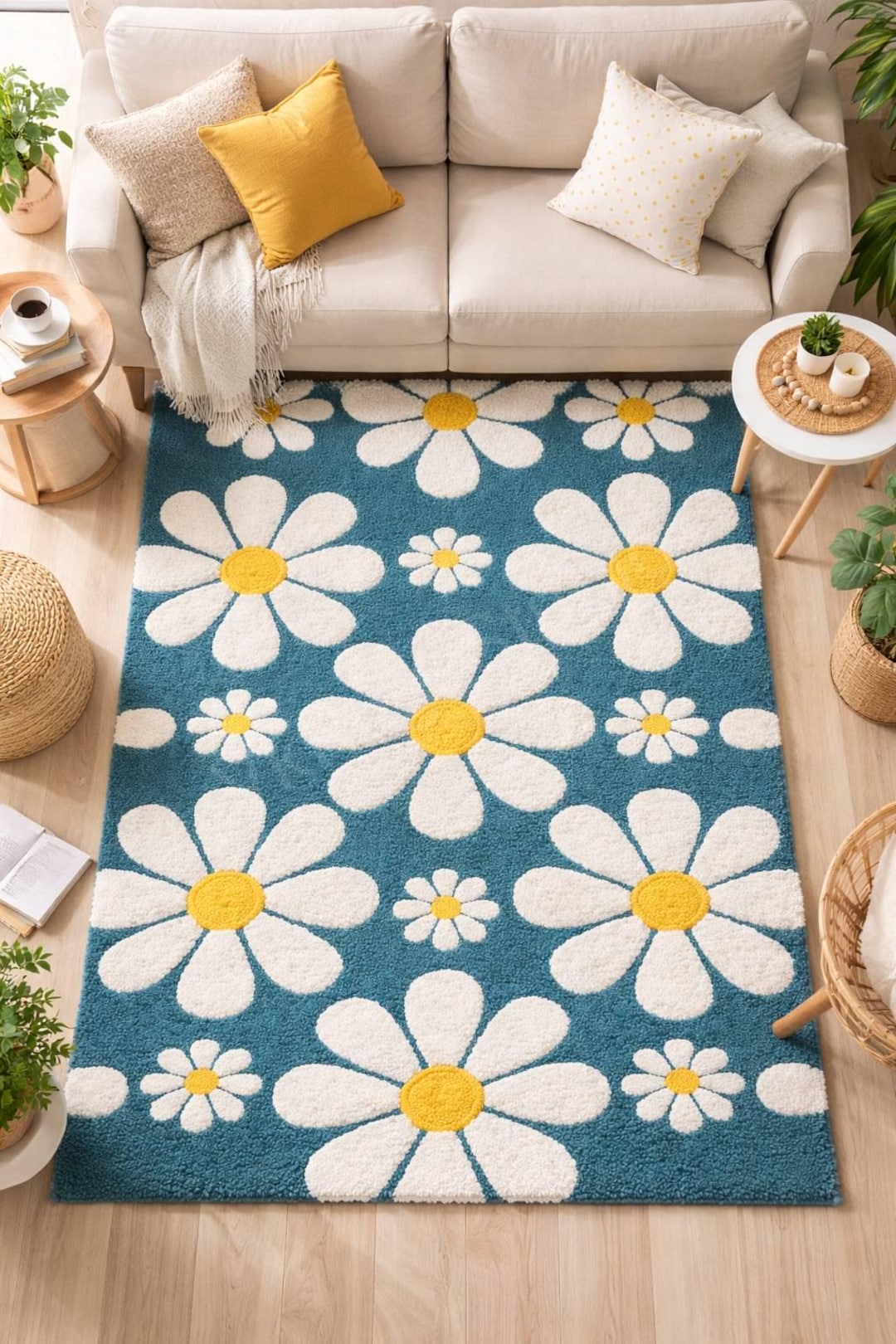 Hand Tufted Daisy Rug, Blue Floral Boho Carpet - Etsy