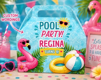 Pool Party Gable Box Favor Box, Summer Birthday Party Treat Box, Flamingo Pool Party Favor Box, Girls Pool Party Decor