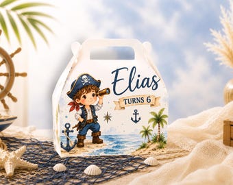 Pirate Birthday Personalized Gable Box Favor Bag, Custom Treasure Island Party Treat Box, Nautical Boys Birthday Candy Holder