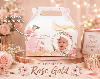 Floral Baby Gable Box Favor Boxes 5x3.5x5, Personalized Baby Celebration Boxes with Photo, Elegant Pink Gold Party Favor Box Set