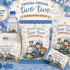 May include: A personalized party favor set featuring a train theme with the text Chugga Chugga Two Two and Ethan Turns Two. The set includes a water bottle label, a chip bag, a treat box, and a gift bag, all decorated with a blue train and clouds.