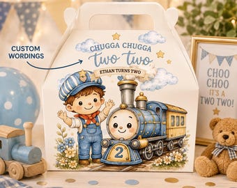 Blue Train Birthday Gable Box Favor Box, Chugga Two Two Party Box, Boy Train Party Treat Box, Custom Train Favors