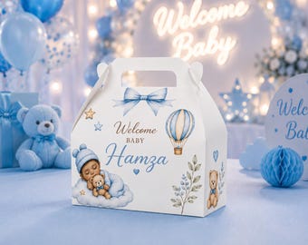 Blue Baby Birthday Gable Box Favor Boxes 5x3.5x5, Personalized Baby Boy Party Favor Box, Custom Name Treat Boxes Set