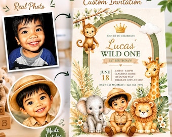 Wild One Safari Birthday Invitation, Watercolor Jungle Animals (Digital Invite)