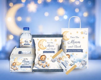 Space Bear Birthday Party Favors, Moon and Stars Theme, Customizable Labels (Digital Download)