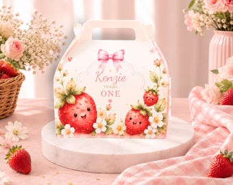 Strawberry First Birthday Customizable Favor Box, Berry Sweet Party Treat Holder, Pink Girl Birthday Gable Box, Custom Giveaway Favors