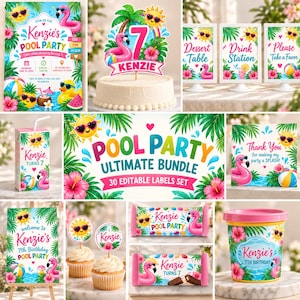 Könnte beinhalten: Ein digitales Party-Set zum Thema Poolparty mit tropischen Grafiken von Flamingos, Ananas, Sonnen mit Sonnenbrillen und Hibiskusblüten. Das Set enthält bearbeitbare Einladungen, Tortenaufleger, Schilder, Etiketten und Verpackungen mit dem Namen Kenzie.