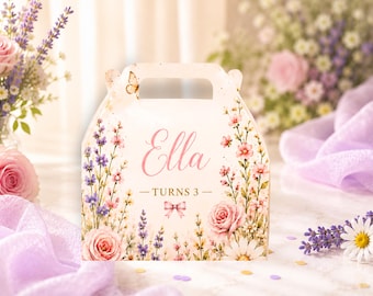 Wildflower Garden Custom Favor Box, Butterfly Birthday Treat Holder, Personalized Floral Party Gift Box, Pastel Spring Celebration