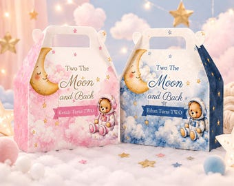 Two The Moon Over the Moon Space Bear Birthday Gable Box, Space Teddy Bear Party Favor Box, Boy Girl Twin Birthday Treat Box, Moon Birthday