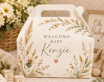 Boho Baby Shower Favor Box, Neutral Botanical Gable Box, Personalized Welcome Baby Treat Holder, Pampas Grass Party Favors