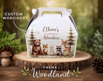 Woodland Animal Birthday Favor Box, Forest Friends Party Treat Holder, Personalized Adventure Celebration Gable Box
