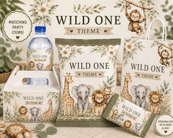 Wild One Safari Party Labels, Jungle Animals Birthday Printables (Digital Download)