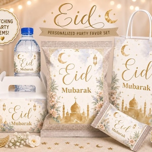 Peut inclure: Un ensemble de cadeaux de fête Eid Mubarak personnalisé comprenant une étiquette de bouteille d'eau, un sachet de snacks, un sac cadeau, un emballage de friandise et une boîte. Chaque article présente une calligraphie dorée, des croissants.