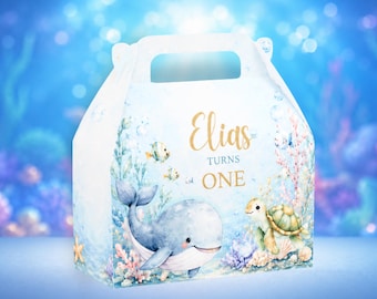 Under the Sea Birthday Personalized Favor Box, Ocean Animal Party Treat Box, Whale Turtle Birthday Decor, Custom Personalized Gable Box