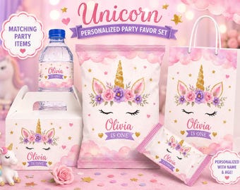 Custom Unicorn Birthday Party Favor Set, Pastel Floral Girl Decorations (Digital Download)