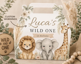 Wild One Safari Birthday Gable Box, Jungle Animal Party Favor Box, Safari First Birthday Treat Box, Boy Birthday Box