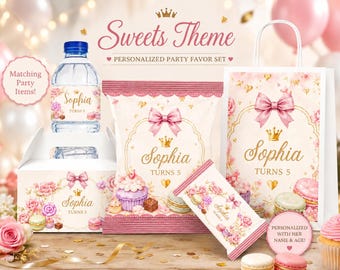 Customizable Sweet Birthday Party Labels, Pink Bow Dessert Favor Templates (Digital Download)