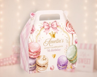 Sweet Birthday Gable Box Favor Box, Macaron Candy Party Treat Box, Pink Bow Girls Birthday Party Favor Box