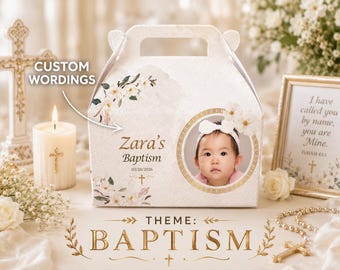 Personalized Baptism Favor Box with Photo, Christening Gable Box, Floral Religious Party Favors, Custom Communion Treat Box