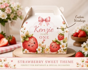 Strawberry First Birthday Customizable Favor Box, Berry Sweet Party Treat Holder, Pink Girl Birthday Gable Box, Custom Giveaway Favors