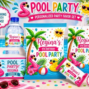 Puede incluir: Un set personalizado de recuerdos para fiesta de piscina que incluye botella de agua, bolsa de snacks, bolsa de regalo y envoltorio de chocolate. Cada artículo muestra un flamenco rosa, un pato amarillo, palmeras y texto colorido.