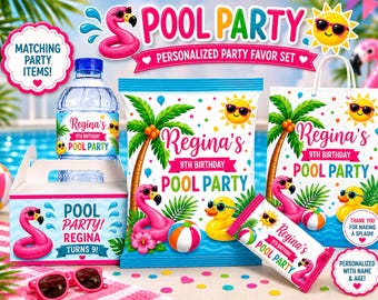 Customizable Pool Party Birthday Labels, Tropical Summer Favor Templates (Digital Download)