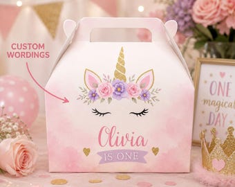 Pink Unicorn Birthday Gable Box Favor Box, Magical Unicorn Party Treat Box, Custom Girl Birthday Party Favor Box