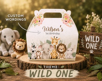 Personalized Safari Birthday Favor Box, Jungle Animals Gable Box, Wild One Treat Holder, First Birthday Party Favors