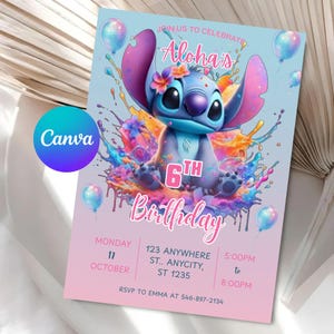 May include: A birthday invitation featuring a blue cartoon character with large ears and a flower. The invitation has the text "Aloha's 6th Birthday" with event details. The background is light blue and pink with colorful splashes and balloons.