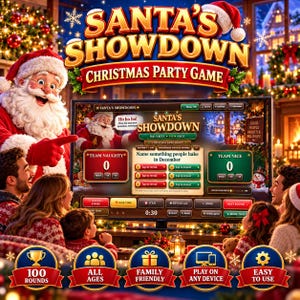 Peut inclure: Un jeu de fête de Noël numérique intitulé Santa's Showdown affiché sur un écran de télévision. L'interface comprend des tableaux de score pour l'équipe Naughty et l'équipe Nice, une boîte à questions et des commandes de jeu.