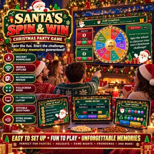 Puede incluir: Un juego de fiesta navideña digital titulado Santa's Spin & Win, que presenta una rueda giratoria colorida, marcadores de equipo y pantallas de configuración. La interfaz incluye gráficos festivos, ilustraciones de Santa Claus y botones interactivos.
