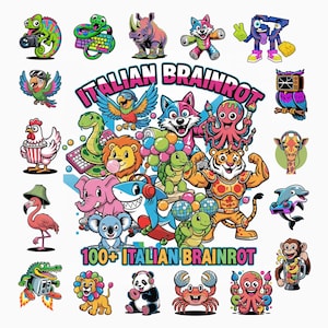 May include: A vibrant illustration featuring numerous cartoon animals, including a chameleon, snake, rhino, and fox. The text "ITALIAN BRAINROT" and "100+ ITALIAN BRAINROT" are prominently displayed, suggesting a collection or theme.