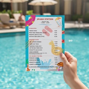 Mall för strand- och poolmeny | Redigerbar Canvas-meny | Menydesign för sommarcafé, poolbar eller resort | Direktnedladdning
