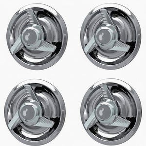 May include: Four chrome hubcaps with a central spinner design. Each hubcap features a circular, reflective surface with a three-pronged spinner in the center. The spinners have a textured, fan-like appearance, and the hubcaps are set against a white background.