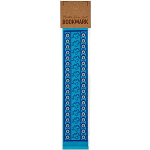 May include: A blue bookmark with a repeating pattern of stylized leaves and circles. The bookmark has a brown cardboard header with the word "BOOKMARK" printed on it. The bookmark is approximately 8 inches long.