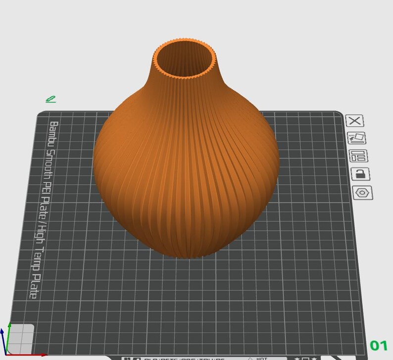 May include: An orange vase with a textured, ribbed design. The vase has a rounded body and a narrow, cylindrical neck. The vase is sitting on a black and gray grid.