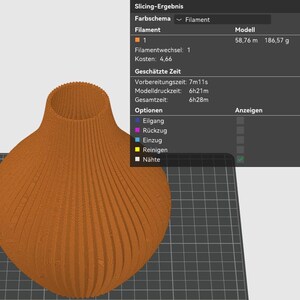 May include: A 3D-printed orange vase with a ribbed design. The vase has a wide base and a narrow neck. The image also shows a computer screen with slicing results, including filament details and estimated print time.