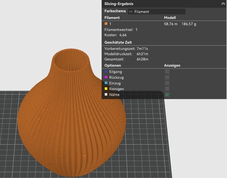 May include: A 3D-printed orange vase with a ribbed design. The vase has a wide base and a narrow neck. The image also shows a computer screen with slicing results, including filament details and estimated print time.
