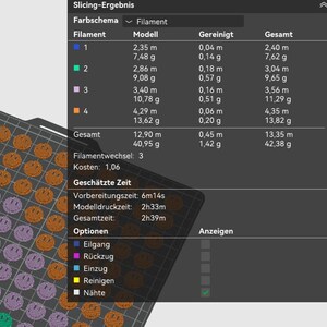 May include: A computer screen showing 3D printing slicing results. The interface displays filament usage, estimated time, and a grid of smiley face designs in various colours, including orange, purple, and green.