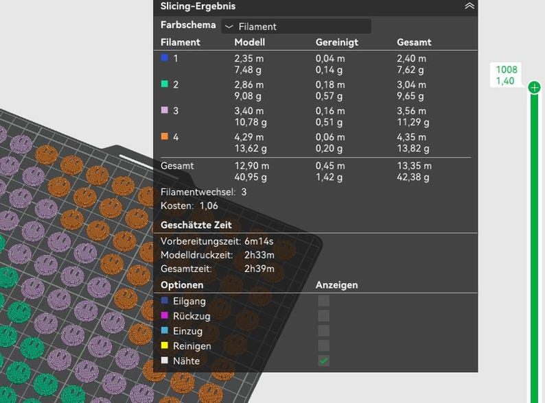May include: A computer screen showing 3D printing slicing results. The interface displays filament usage, estimated time, and a grid of smiley face designs in various colours, including orange, purple, and green.