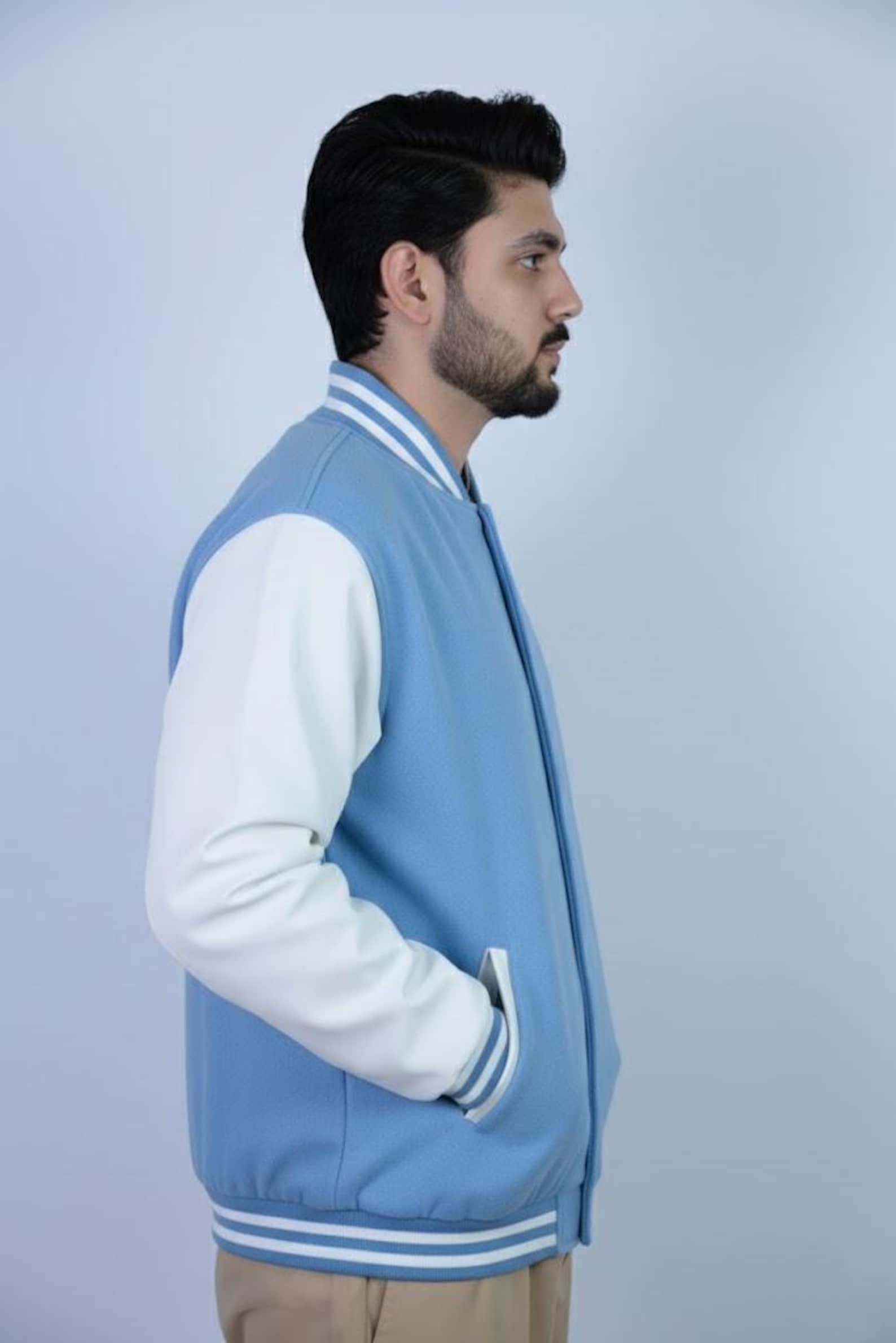 Light Blue Wool Varsity Jacket With White Sleeves Customizable - Etsy