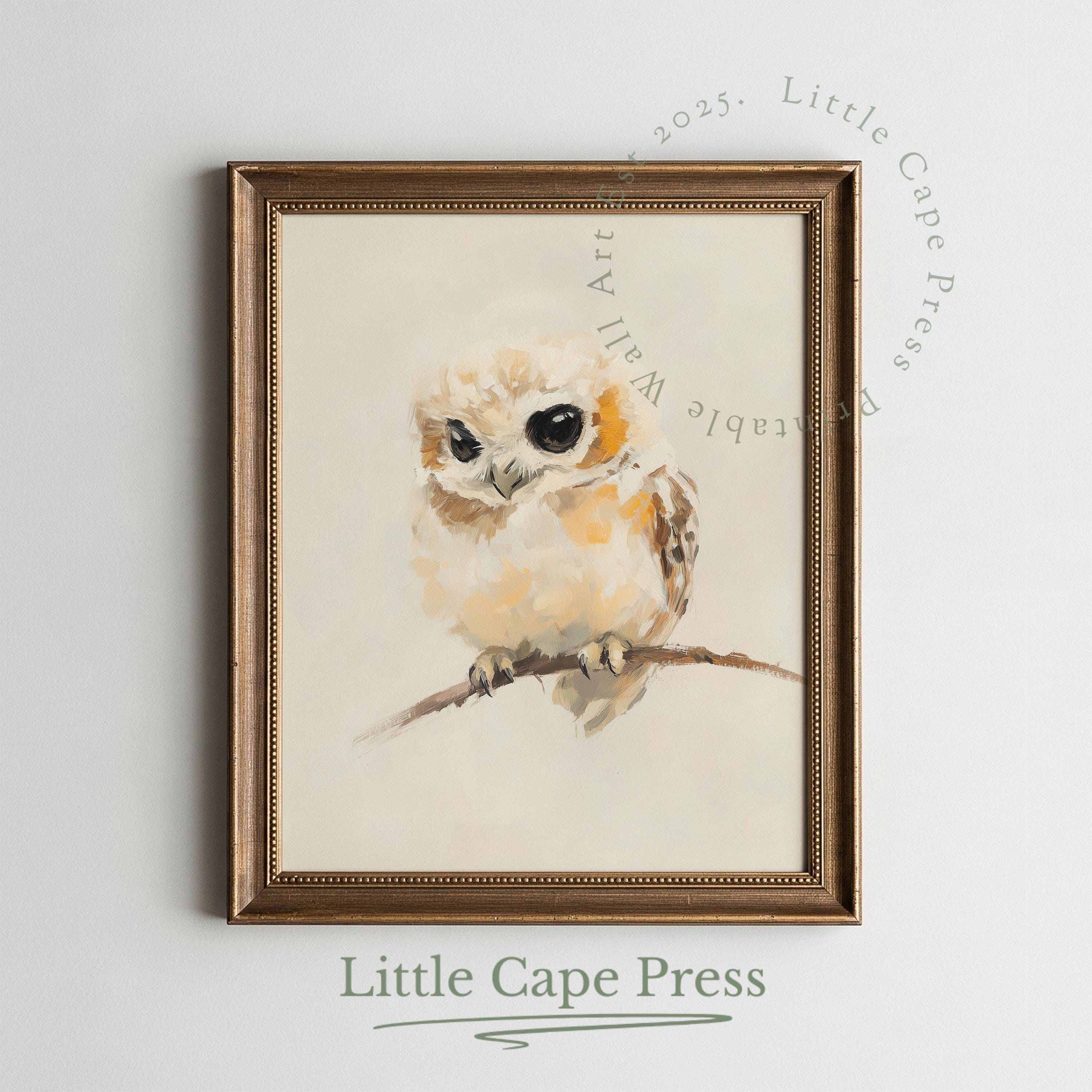 Printable Baby Owl in Woodland Scene - Neutral Nursery Wall Art, Cozy Gouache Painting, Cute Animal
