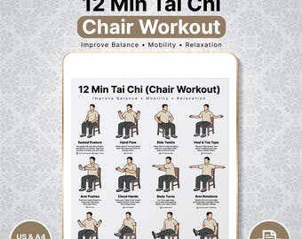 Printable Tai Chi Chair Workout, Senior Seated Exercise Chart PDF, 12-Min Routine Workout Plan, Digital Download