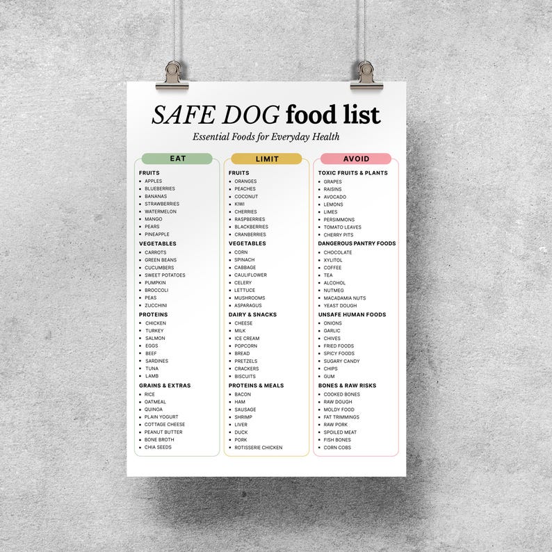Op de afbeelding: Een witte poster getiteld "SAFE DOG food list" met drie kolommen: "EAT", "LIMIT" en "AVOID". De lijst categoriseert fruit, groenten, eiwitten en andere voedingsmiddelen die geschikt zijn voor honden, met de nadruk op de dagelijkse gezondheid.
