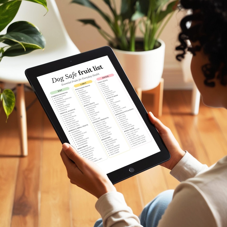 May include: A black tablet displaying a "Dog Safe Fruit List" with categories like "Eat," "Limit," and "Avoid." The list categorizes fruits for everyday health. The tablet is held by a person.