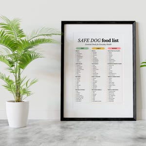 Op de afbeelding: Een ingelijste print met een zwarte rand toont een "SAFE DOG food list". De lijst categoriseert voedingsmiddelen in de secties "EAT", "LIMIT" en "AVOID". Een potplant met groene bladeren staat links van de ingelijste print.