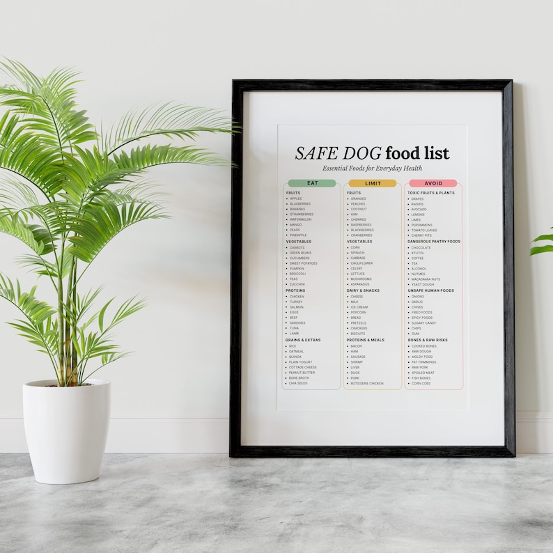 Op de afbeelding: Een ingelijste print met een zwarte rand toont een "SAFE DOG food list". De lijst categoriseert voedingsmiddelen in de secties "EAT", "LIMIT" en "AVOID". Een potplant met groene bladeren staat links van de ingelijste print.