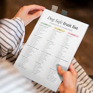 May include: A white paper titled "Dog Safe fruit list" with a list of fruits for dogs, held by a person. The list categorizes fruits into "Eat", "Limit", and "Avoid" sections, with colorful tabs.